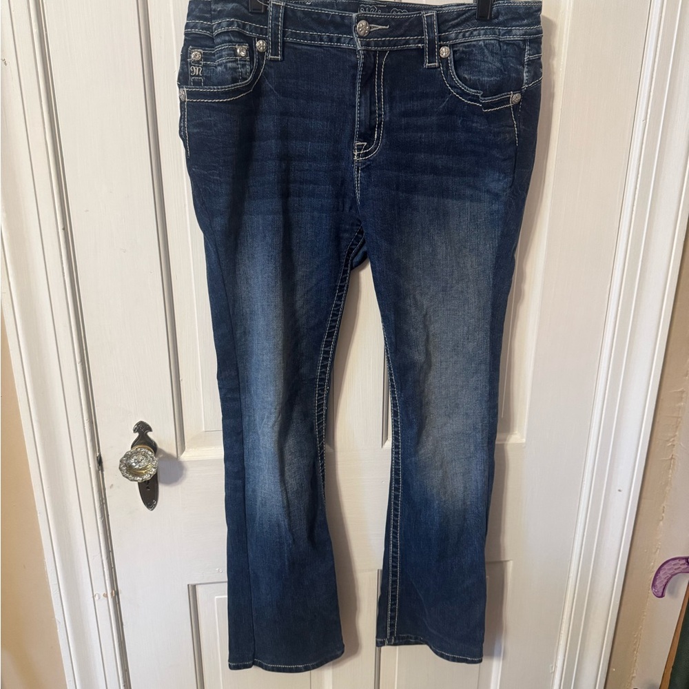 Miss Me Womens Size 34 Blue Denim Dark Wash Mid Rise Bootcut Jeans.